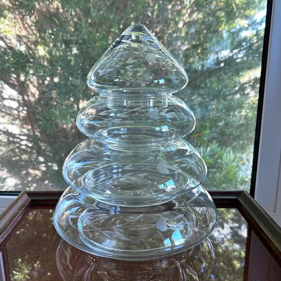 Princess House 4 Piece Etched Glass Stacking Christmas Tree With Original Box - Picture 1 of 14
